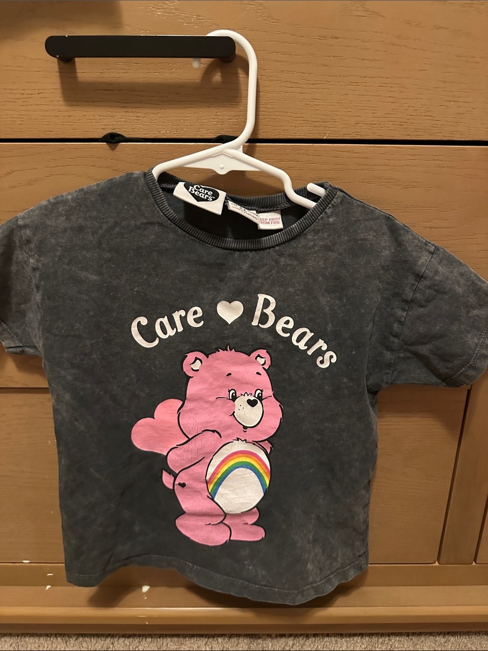 Zara Black-Gray Wash Tee with Pink Care Bears Graphic